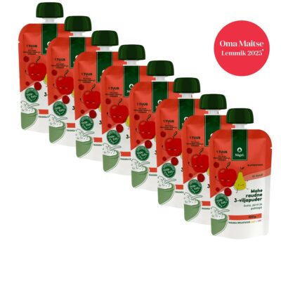 8-PACK: Organic iron fortified 3-grain porridge with apple, pear and lingonberry, 100 g x 8