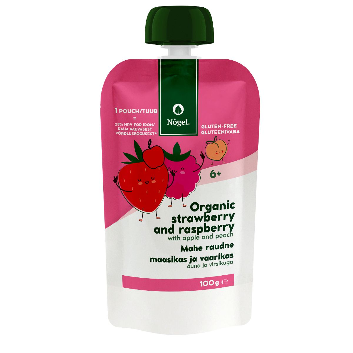 Iron fortified organic strawberry and raspberry with apple and peach, 100 g