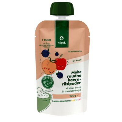 Organic iron fortified oat-rice porridge with peach, apple and blackcurrant, 100 g