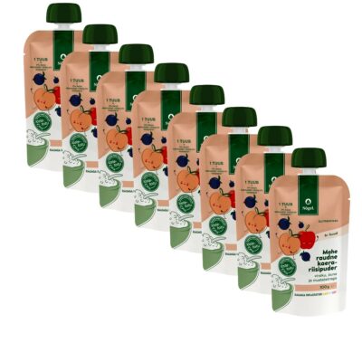 8-PACK: Organic iron fortified oat-rice porridge with peach, apple and blackcurrant, 100 g x 8