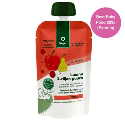 Organic apple, pear and lingonberry 3-grain porridge with iron, 100 g
