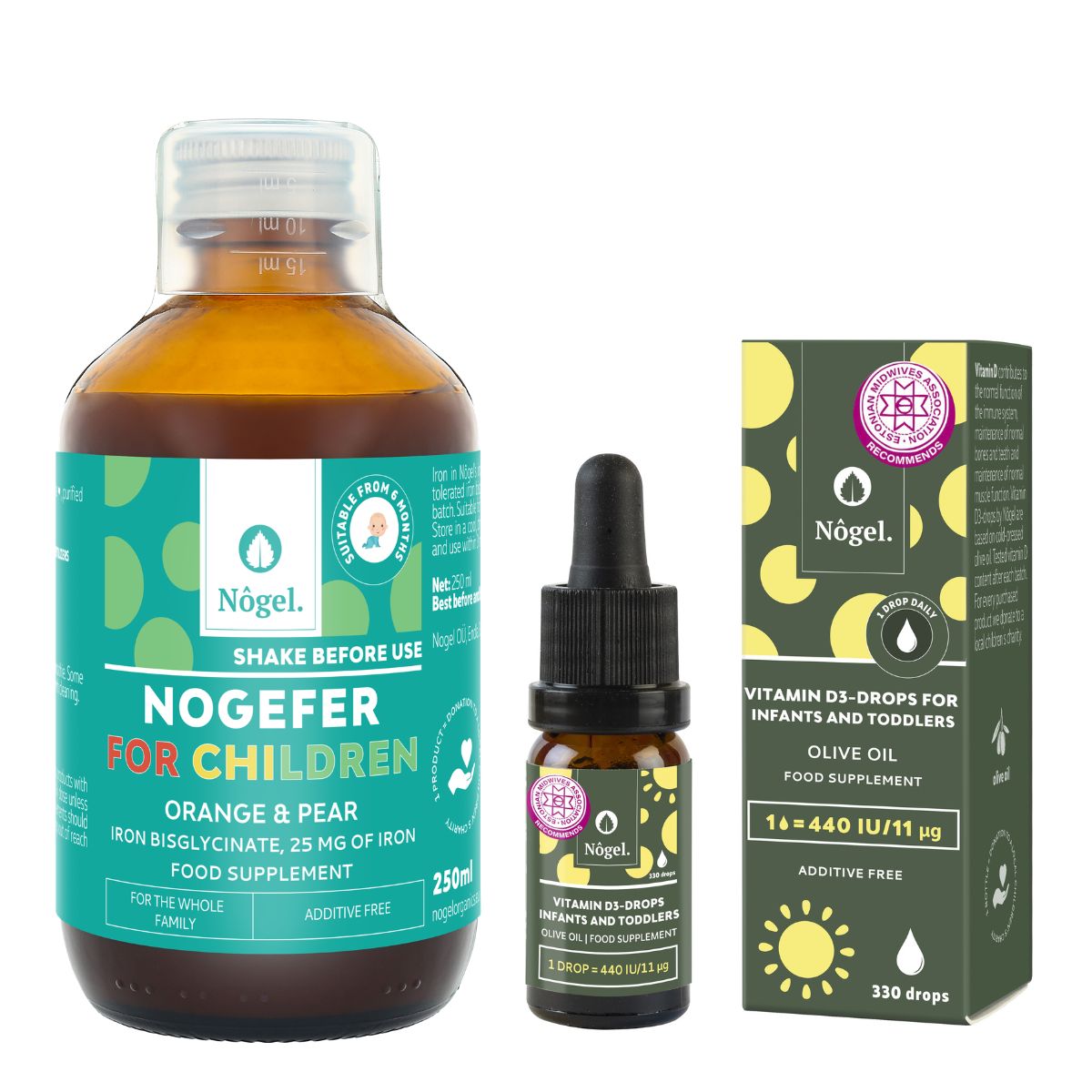 Children´s combo 2: NOGEFER Iron syrup for children with orange and pear 250 ml, 25 mg/10 ml and D-drops for babies and toddlers with olive oil, 440 IU/11 μg, 10 ml