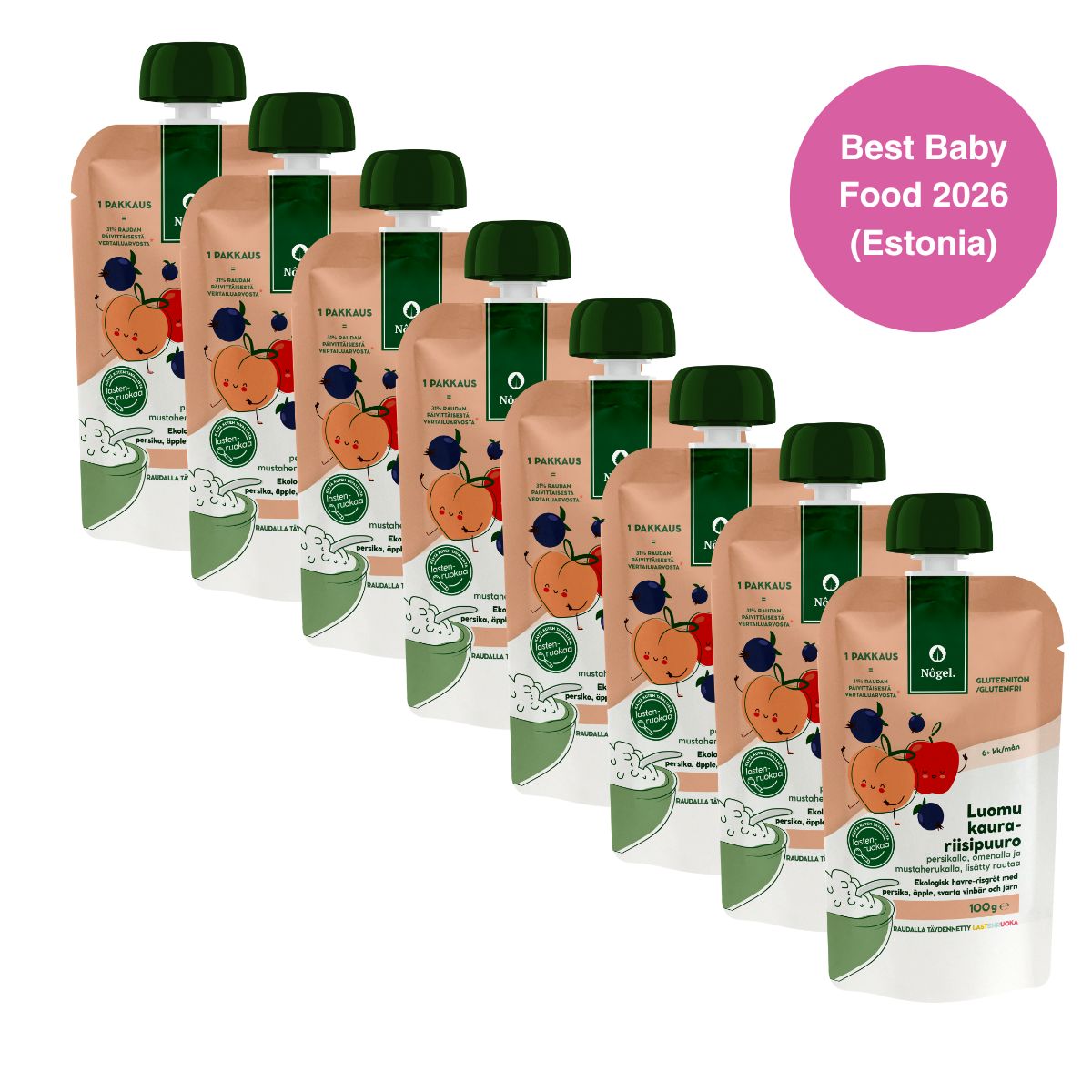 8-PACK: Organic oat and rice porridge with apple, peach, blackcurrant and iron, 100 g x 8