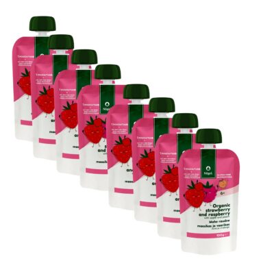 8-PACK: Iron fortified organic strawberry and raspberry with apple and peach, 100 g x 8
